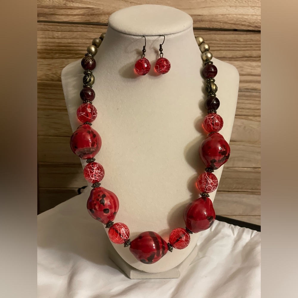 Elegant Red Beaded Necklace and Earring Set